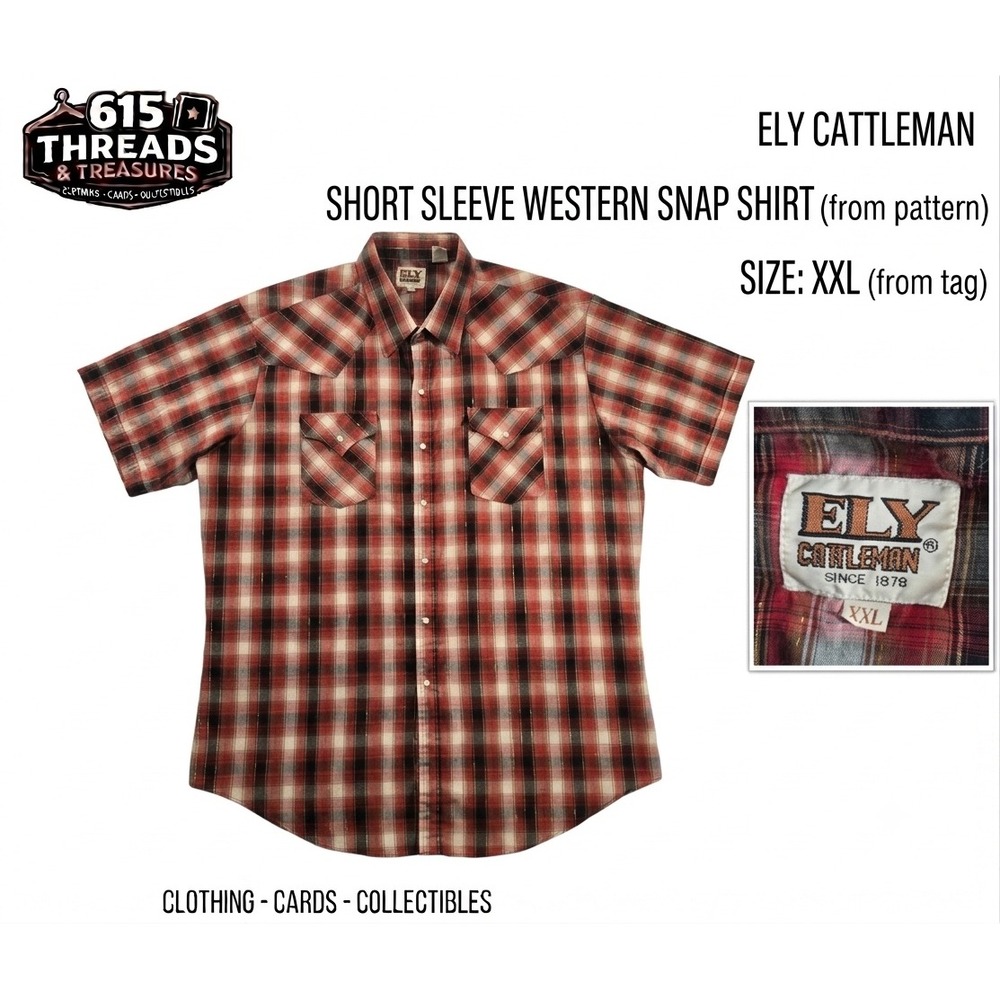 Ely Cattleman Western Shirt Mens XXL Short Sleeve Red Black Plaid Pearl Snap
